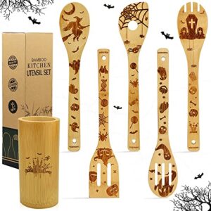 nialnant halloween wooden kitchen utensil set with storage bucket, wooden spoons for cooking,non-stick bamboo cooking utensils,fun gift ideas for women - witch pattern