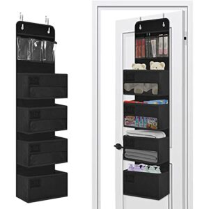 donyeco over the door organizer, 5 layers hanging door organizer, 3 large capacity pocket organizers and 3 small pockets, 6 fixing stickers, 3 blank index cards, black