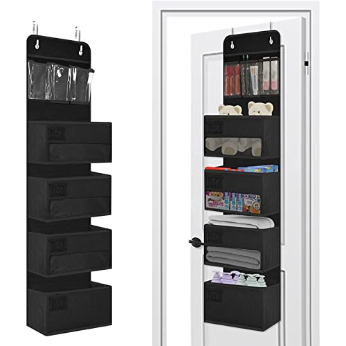 DonYeco Over The Door Organizer, 5 Layers Hanging Door Organizer, 3 Large Capacity Pocket Organizers and 3 Small Pockets, 6 Fixing Stickers, 3 Blank Index Cards, Black