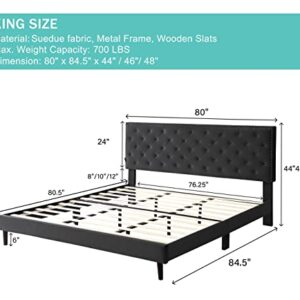 King Upholstered Platform Bed Frame with 48" Tall Adjustable Headboard - Button Tufted Suede Velour Bed- Wood Slat Support with Storage Space- No Box Spring Needed - Black - OLIVER & SMITH - Princeton