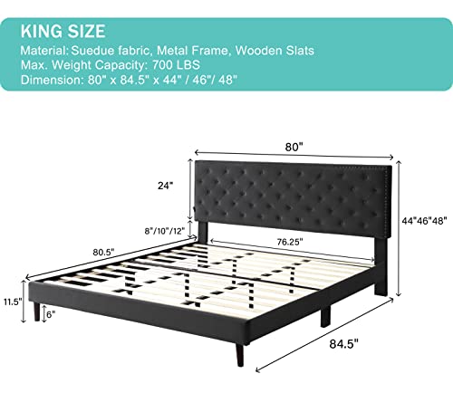 King Upholstered Platform Bed Frame with 48" Tall Adjustable Headboard - Button Tufted Suede Velour Bed- Wood Slat Support with Storage Space- No Box Spring Needed - Black - OLIVER & SMITH - Princeton