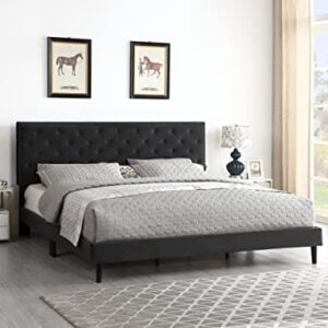 King Upholstered Platform Bed Frame with 48" Tall Adjustable Headboard - Button Tufted Suede Velour Bed- Wood Slat Support with Storage Space- No Box Spring Needed - Black - OLIVER & SMITH - Princeton