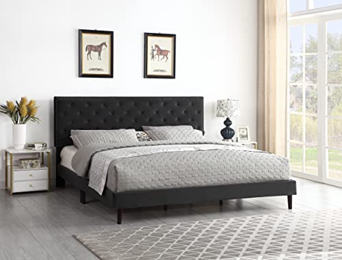 King Upholstered Platform Bed Frame with 48" Tall Adjustable Headboard - Button Tufted Suede Velour Bed- Wood Slat Support with Storage Space- No Box Spring Needed - Black - OLIVER & SMITH - Princeton