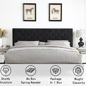 King Upholstered Platform Bed Frame with 48" Tall Adjustable Headboard - Button Tufted Suede Velour Bed- Wood Slat Support with Storage Space- No Box Spring Needed - Black - OLIVER & SMITH - Princeton