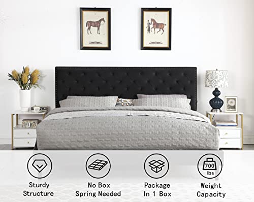 King Upholstered Platform Bed Frame with 48" Tall Adjustable Headboard - Button Tufted Suede Velour Bed- Wood Slat Support with Storage Space- No Box Spring Needed - Black - OLIVER & SMITH - Princeton