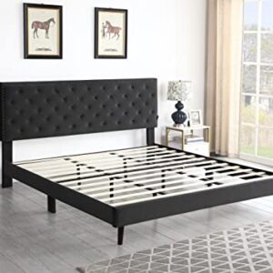 King Upholstered Platform Bed Frame with 48" Tall Adjustable Headboard - Button Tufted Suede Velour Bed- Wood Slat Support with Storage Space- No Box Spring Needed - Black - OLIVER & SMITH - Princeton