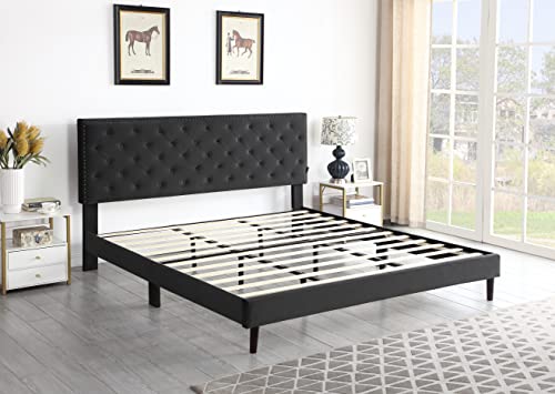 King Upholstered Platform Bed Frame with 48" Tall Adjustable Headboard - Button Tufted Suede Velour Bed- Wood Slat Support with Storage Space- No Box Spring Needed - Black - OLIVER & SMITH - Princeton