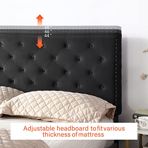 King Upholstered Platform Bed Frame with 48" Tall Adjustable Headboard - Button Tufted Suede Velour Bed- Wood Slat Support with Storage Space- No Box Spring Needed - Black - OLIVER & SMITH - Princeton