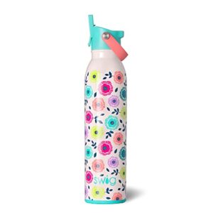 swig life 20oz insulated water bottle with straw & flip + sip handle | leak proof, dishwasher safe, cup holder friendly, stainless steel water bottle in dipsy daisy