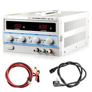 variable dc power supply, 0-60v 0-10a adjustable regulated dc bench linear power supply with 3-digits led coarse and fine adjustments with us cord