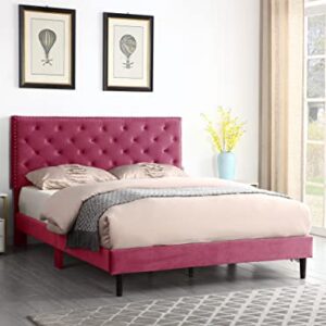 Queen Upholstered Platform Bed Frame with 48" Tall Adjustable Headboard - Button Tufted Suede Velour Bed- Wood Slat Support with Storage Space- No Box Spring Needed - Pink - OLIVER & SMITH - Princeton
