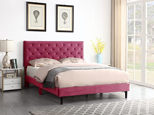 Queen Upholstered Platform Bed Frame with 48" Tall Adjustable Headboard - Button Tufted Suede Velour Bed- Wood Slat Support with Storage Space- No Box Spring Needed - Pink - OLIVER & SMITH - Princeton