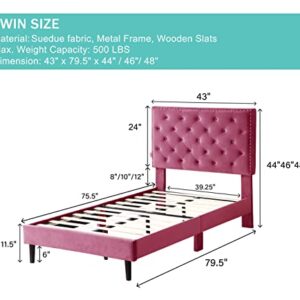 Queen Upholstered Platform Bed Frame with 48" Tall Adjustable Headboard - Button Tufted Suede Velour Bed- Wood Slat Support with Storage Space- No Box Spring Needed - Pink - OLIVER & SMITH - Princeton