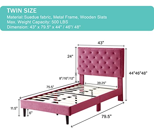 Queen Upholstered Platform Bed Frame with 48" Tall Adjustable Headboard - Button Tufted Suede Velour Bed- Wood Slat Support with Storage Space- No Box Spring Needed - Pink - OLIVER & SMITH - Princeton