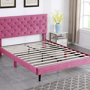 Queen Upholstered Platform Bed Frame with 48" Tall Adjustable Headboard - Button Tufted Suede Velour Bed- Wood Slat Support with Storage Space- No Box Spring Needed - Pink - OLIVER & SMITH - Princeton