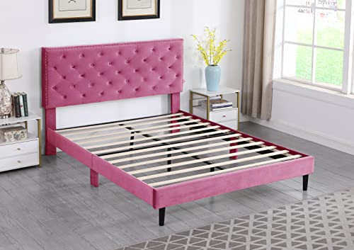 Queen Upholstered Platform Bed Frame with 48" Tall Adjustable Headboard - Button Tufted Suede Velour Bed- Wood Slat Support with Storage Space- No Box Spring Needed - Pink - OLIVER & SMITH - Princeton