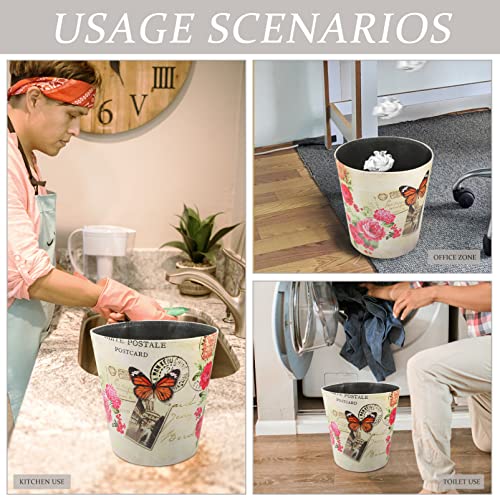 Zerodeko Small Waste Basket Leather Trash Can Wastebasket Waste Paper Bin Vintage Butterfly Flower Pattern Waste Bucket Garbage Can for Home Office Studio Bathroom Bedroom 10L Waste Paper Basket