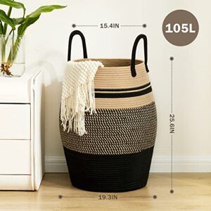 105L Extra Large Laundry Hamper Basket by Fiona's magic, Woven Tall Clothes Hamper for Storage Blanket, Toys and Dirty Cothes in Bedroom and Living Room Organizer, Brown & Black