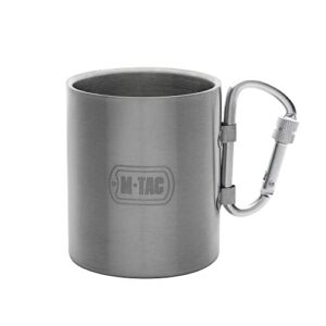 m-tac 9.5oz insulated thermal cup mug - double wall stainless steel thermo tumbler with collapsible carabiner handle - no lid