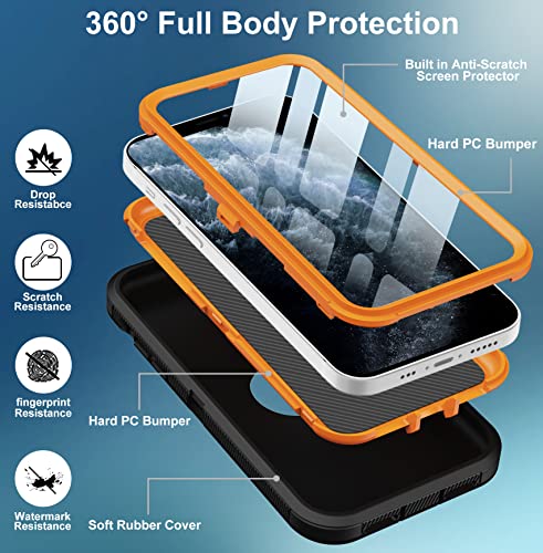 Aimoll-88 iPhone 11 Pro Max Case - Built-in Screen Protector, Heavy Duty Drop & Shockproof Protection, Dustproof, Black/Orange