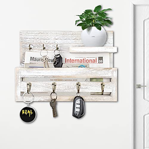 Wood Mail Organizer Wall Mounted - Key Holder for Wall, Mail and Key Holder with Shelf, Mail Holder with Key Hooks for Letter, Bills and Dog Leash, Rustic Mail Sorter for Entryway, Office, White