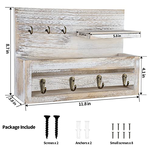 Wood Mail Organizer Wall Mounted - Key Holder for Wall, Mail and Key Holder with Shelf, Mail Holder with Key Hooks for Letter, Bills and Dog Leash, Rustic Mail Sorter for Entryway, Office, White