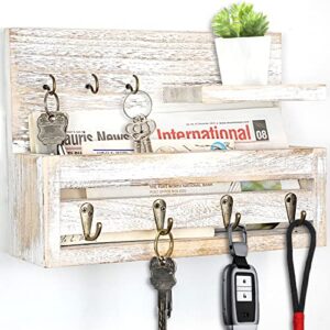 wood mail organizer wall mounted - key holder for wall, mail and key holder with shelf, mail holder with key hooks for letter, bills and dog leash, rustic mail sorter for entryway, office, white