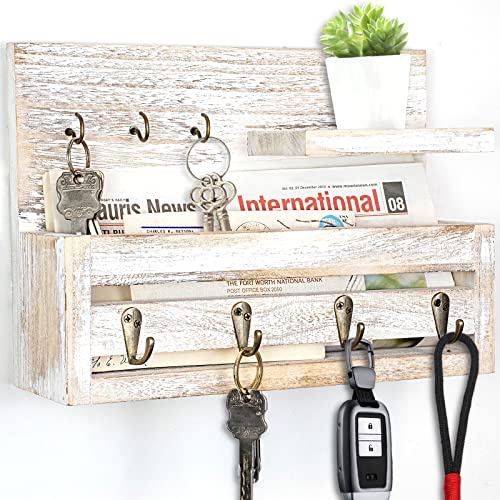 Wood Mail Organizer Wall Mounted - Key Holder for Wall, Mail and Key Holder with Shelf, Mail Holder with Key Hooks for Letter, Bills and Dog Leash, Rustic Mail Sorter for Entryway, Office, White