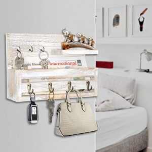 Wood Mail Organizer Wall Mounted - Key Holder for Wall, Mail and Key Holder with Shelf, Mail Holder with Key Hooks for Letter, Bills and Dog Leash, Rustic Mail Sorter for Entryway, Office, White