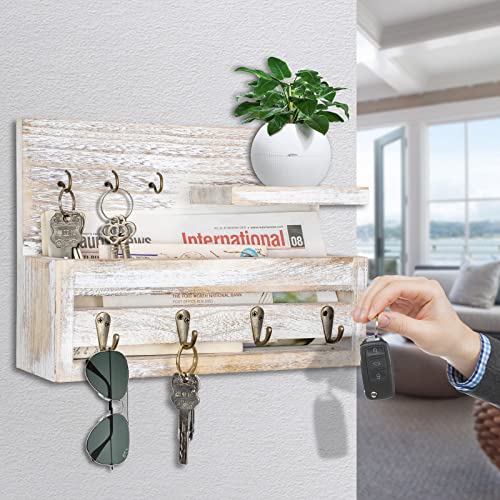 Wood Mail Organizer Wall Mounted - Key Holder for Wall, Mail and Key Holder with Shelf, Mail Holder with Key Hooks for Letter, Bills and Dog Leash, Rustic Mail Sorter for Entryway, Office, White