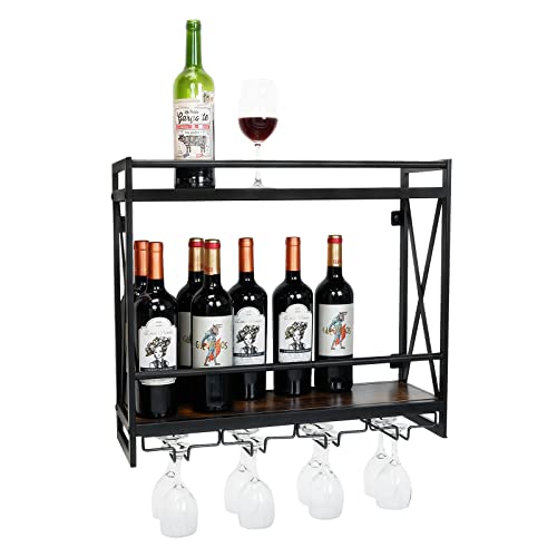 Farmhouse Wall Mounted Wine Rack, Industrial Vintage Hanging Wine Shelf, 2-Tier Solid Wood Wine Rack with Stemware Glasses Holder, Multipurpose Storage Display Shelf for Kitchen Living Room Cafe Bar