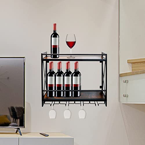 Farmhouse Wall Mounted Wine Rack, Industrial Vintage Hanging Wine Shelf, 2-Tier Solid Wood Wine Rack with Stemware Glasses Holder, Multipurpose Storage Display Shelf for Kitchen Living Room Cafe Bar