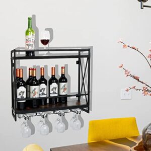 Farmhouse Wall Mounted Wine Rack, Industrial Vintage Hanging Wine Shelf, 2-Tier Solid Wood Wine Rack with Stemware Glasses Holder, Multipurpose Storage Display Shelf for Kitchen Living Room Cafe Bar