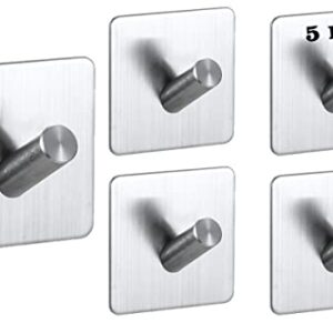 Adhesive Hooks - 5 Pack Heavy Duty Wall Hooks Waterproof Stainless Steel Hooks for Hat Towel Robe Hooks Rack Wall Mount-Bathroom Kitchen Home Hotel Office Cabinet and Bedroom CHROM02