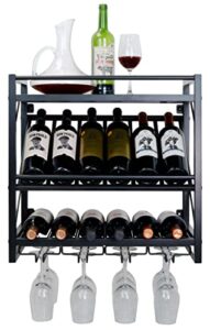 farmhouse wall mounted wine rack with tilting display shelf, wall hanging wine rack, 3-tier shelves with stemware glasses holder for wine storage, wine display shelf for kitchen living room cafe bar