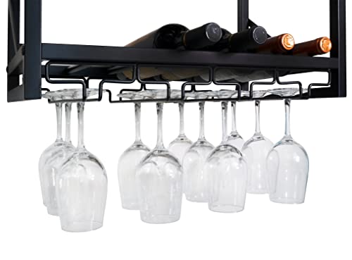 Farmhouse Wall Mounted Wine Rack with Tilting Display Shelf, Wall Hanging Wine Rack, 3-Tier Shelves with Stemware Glasses Holder for Wine Storage, Wine Display Shelf for Kitchen Living Room Cafe Bar