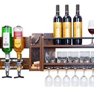 Farmhouse Wine Rack Wall Mounted Wood Wine Shelf with Bottle Stemware Glass Holder Rustic Wine Display Storage Rack with 4-Bottle Liquor Dispenser for Home Bar Kitchen Decor