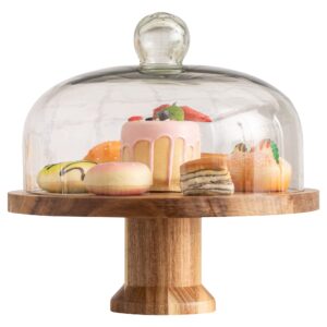 acacia wood cake stand with dome glass for cakes, pastries, cheese, cupcakes - 11.4" elegant cake stand with lid - cake plate with glass cake dome for cake display - cake stand cover by smedley & york