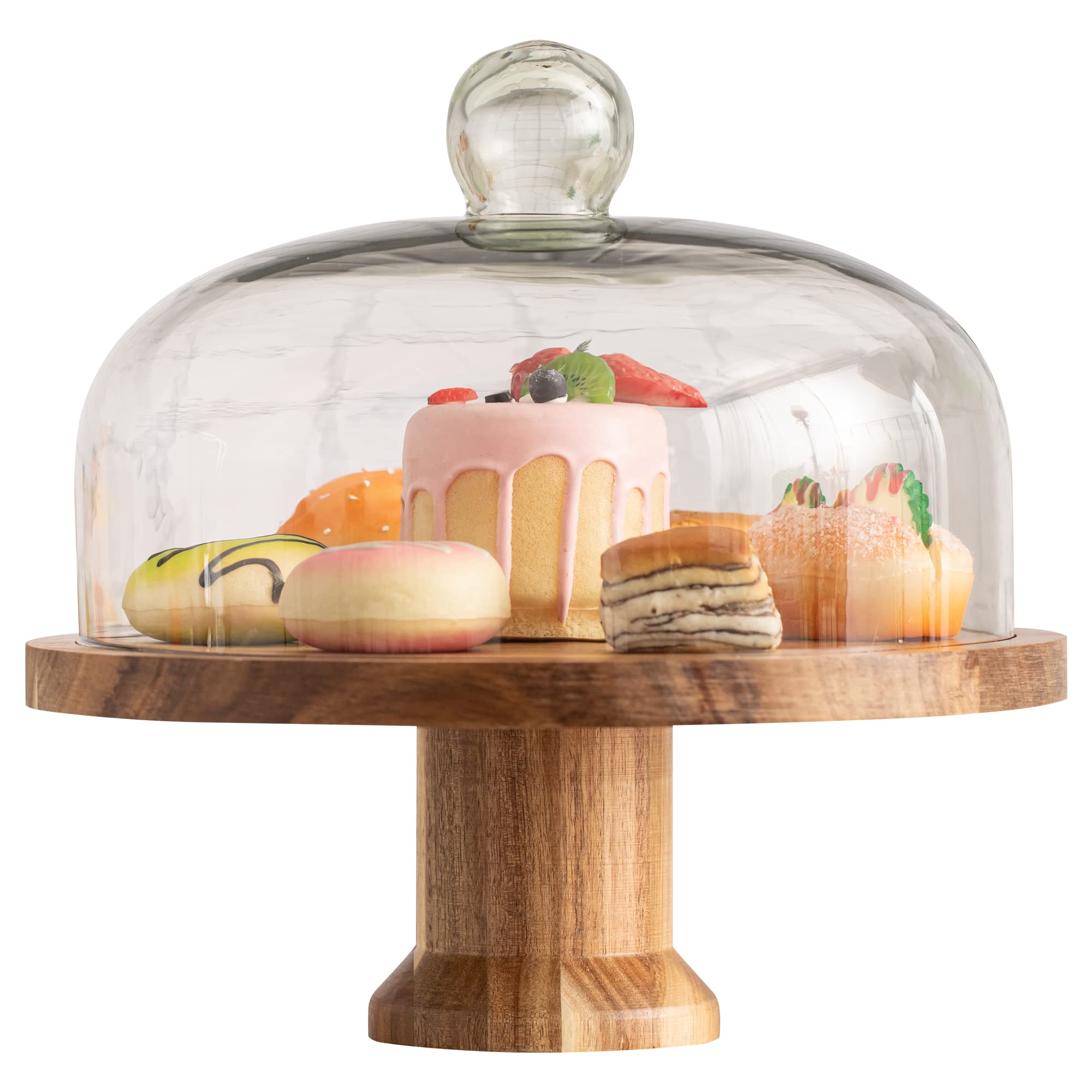 Acacia Wood Cake Stand with Dome Glass for Cakes, Pastries, Cheese, Cupcakes - 11.4" Elegant Cake Stand with Lid - Cake Plate with Glass Cake Dome for Cake Display - Cake Stand Cover by Smedley & York