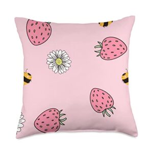 strawberry bumble bee boho pink aesthetic cottagecore floral throw pillow, 18x18, multicolor