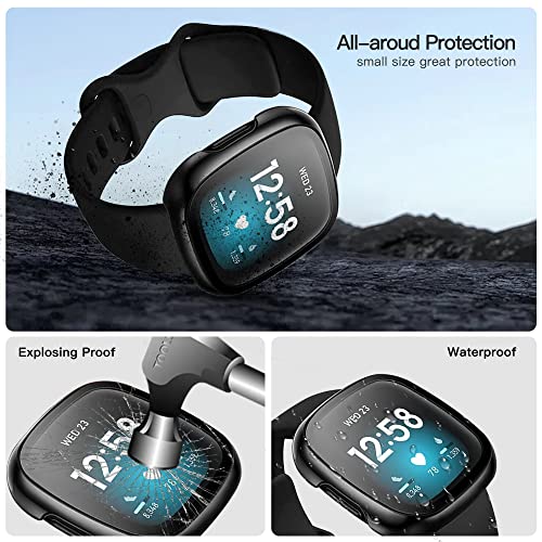 2 Pack Case Compatible for Fitbit Versa 3 /Sense,Shock-Proof and Shatter-Resistant Hard PC Case with Tempered Glass Screen Protector (Black)