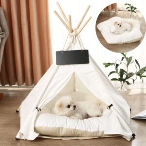 Pet Teepee with Soft Cushion for Dogs, Cats, Rabbits and Puppies, Portable Pet Tent, White Dog Tent. Pet House with Bed, Washable Dog Teepee, Portable Dog House (White)