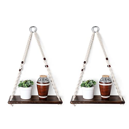 INOVA TYMES Macrame Hanging Shelves - Hanging Plant Shelf - Bohemian Bathroom Decor, Boho Decor for Bedroom & Boho Decor for Living Room - Indoor Herb Garden Hanging Wall Shelf - Set of 2