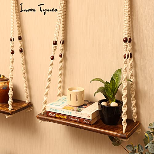 INOVA TYMES Macrame Hanging Shelves - Hanging Plant Shelf - Bohemian Bathroom Decor, Boho Decor for Bedroom & Boho Decor for Living Room - Indoor Herb Garden Hanging Wall Shelf - Set of 2