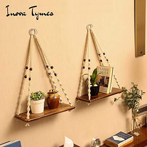 INOVA TYMES Macrame Hanging Shelves - Hanging Plant Shelf - Bohemian Bathroom Decor, Boho Decor for Bedroom & Boho Decor for Living Room - Indoor Herb Garden Hanging Wall Shelf - Set of 2