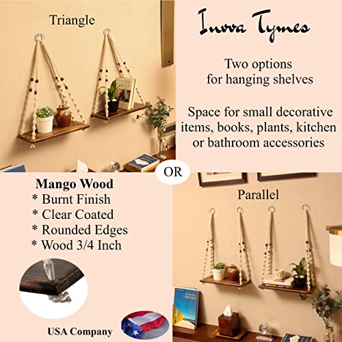 INOVA TYMES Macrame Hanging Shelves - Hanging Plant Shelf - Bohemian Bathroom Decor, Boho Decor for Bedroom & Boho Decor for Living Room - Indoor Herb Garden Hanging Wall Shelf - Set of 2