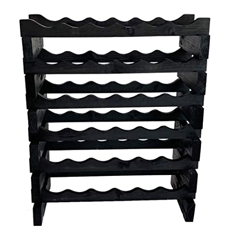 DisplayGifts Modular Stackable Wine Rack Freestanding Wooden Wine Stand Storage Holder, Thick Wood Wobble-Free Natural 36 Bottle Capacity 6 X 6 Rows (Black)