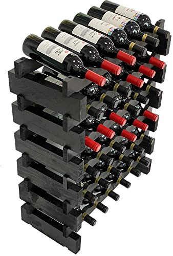 DisplayGifts Modular Stackable Wine Rack Freestanding Wooden Wine Stand Storage Holder, Thick Wood Wobble-Free Natural 36 Bottle Capacity 6 X 6 Rows (Black)