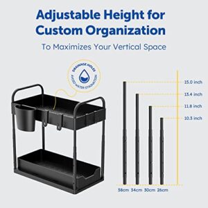 KPHALTH Under Sink Organizer Adjustable Height Under Sink Organizers and Storage 2-Tier Under Cabinet Storage Bathroom Organizer Sliding Drawer with Hooks Hanging Cup Kitchen Storage (Black-1 Pack)