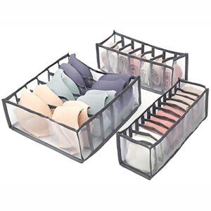 3pcs drawer organizer underwear closet divider women 6,7 and 11 grids for clothes storage organization, dresser, drawer and closet organizers for: underwear, bra, sock, & more, psl-s13, gray